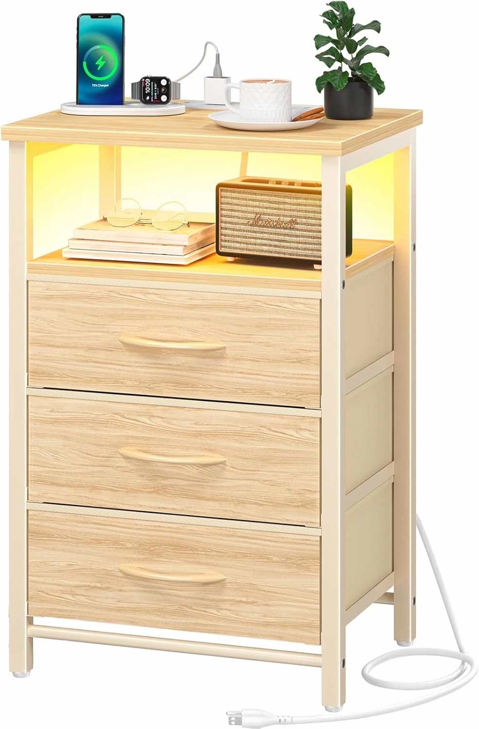 Yoobure Night Stand with Charging Station, 16 Colors LED Nightstand with USB Ports and Outlets, End Table with 3 Fabric Drawers and Storage Shelf, Bedside Tables Small Dresser for Small Space
