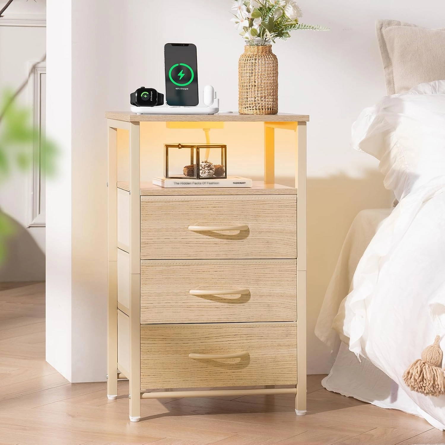 Yoobure Night Stand with Charging Station, 16 Colors LED Nightstand with USB Ports and Outlets, End Table with 3 Fabric Drawers and Storage Shelf, Bedside Tables Small Dresser for Small Space