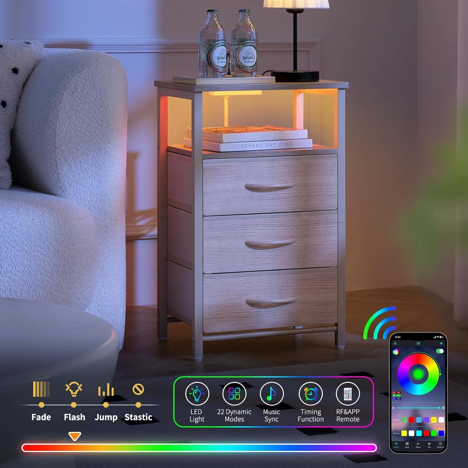 Yoobure Night Stand with Charging Station, 16 Colors LED Nightstand with USB Ports and Outlets, End Table with 3 Fabric Drawers and Storage Shelf, Bedside Tables Small Dresser for Small Space