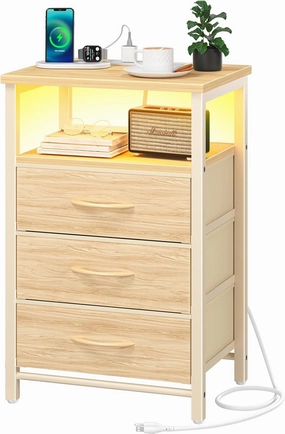 Yoobure Night Stand with Charging Station, 16 Colors LED Nightstand with USB Ports and Outlets, End Table with 3 Fabric Drawers and Storage Shelf, Bedside Tables Small Dresser for Small Space