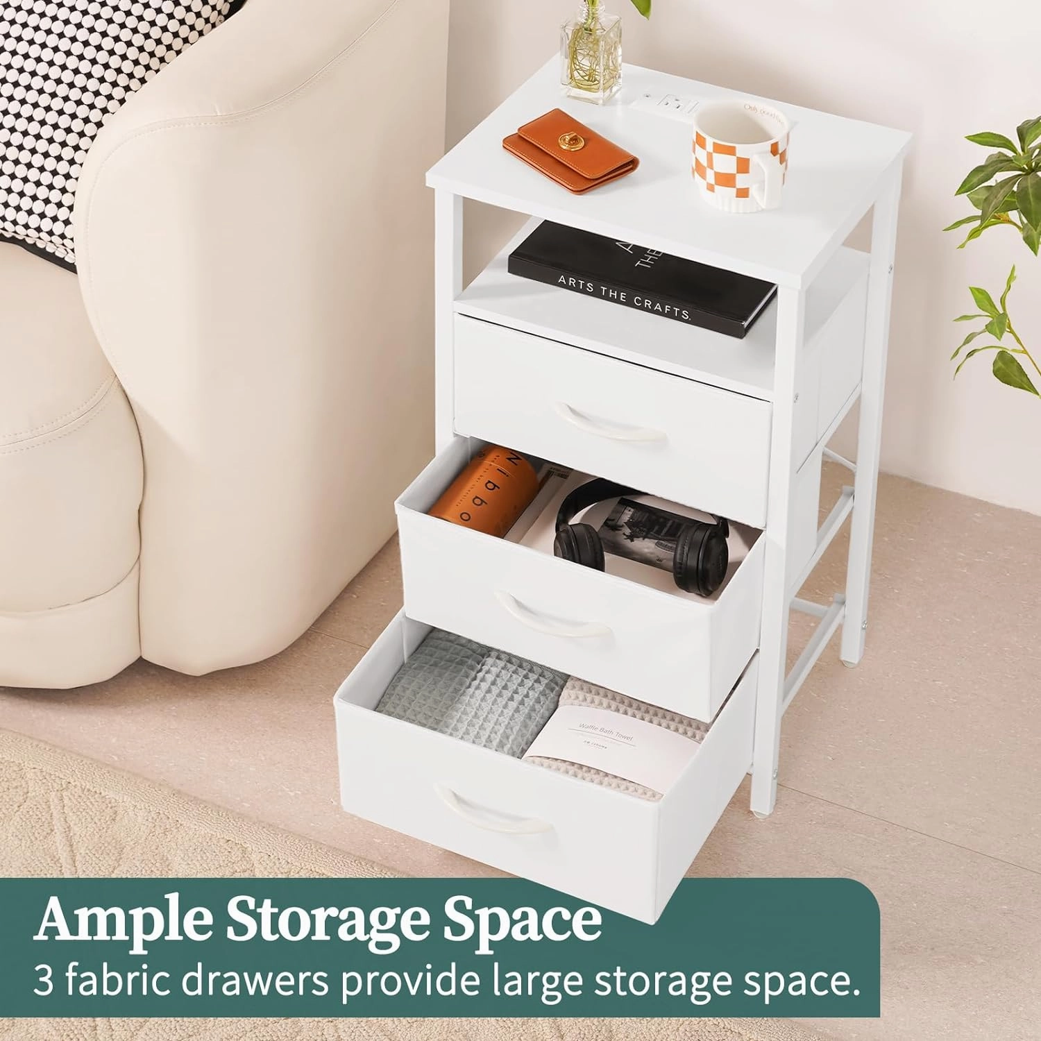 Yoobure Night Stand with Charging Station, 16 Colors LED Nightstand with USB Ports and Outlets, End Table with 3 Fabric Drawers and Storage Shelf, Bedside Tables Small Dresser for Small Space White