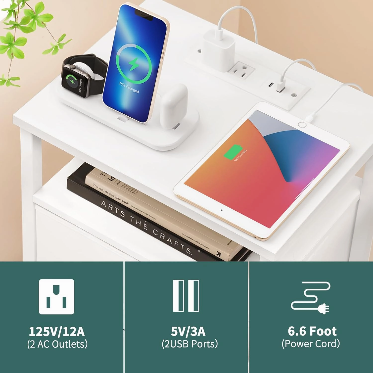 Yoobure Night Stand with Charging Station, 16 Colors LED Nightstand with USB Ports and Outlets, End Table with 3 Fabric Drawers and Storage Shelf, Bedside Tables Small Dresser for Small Space White