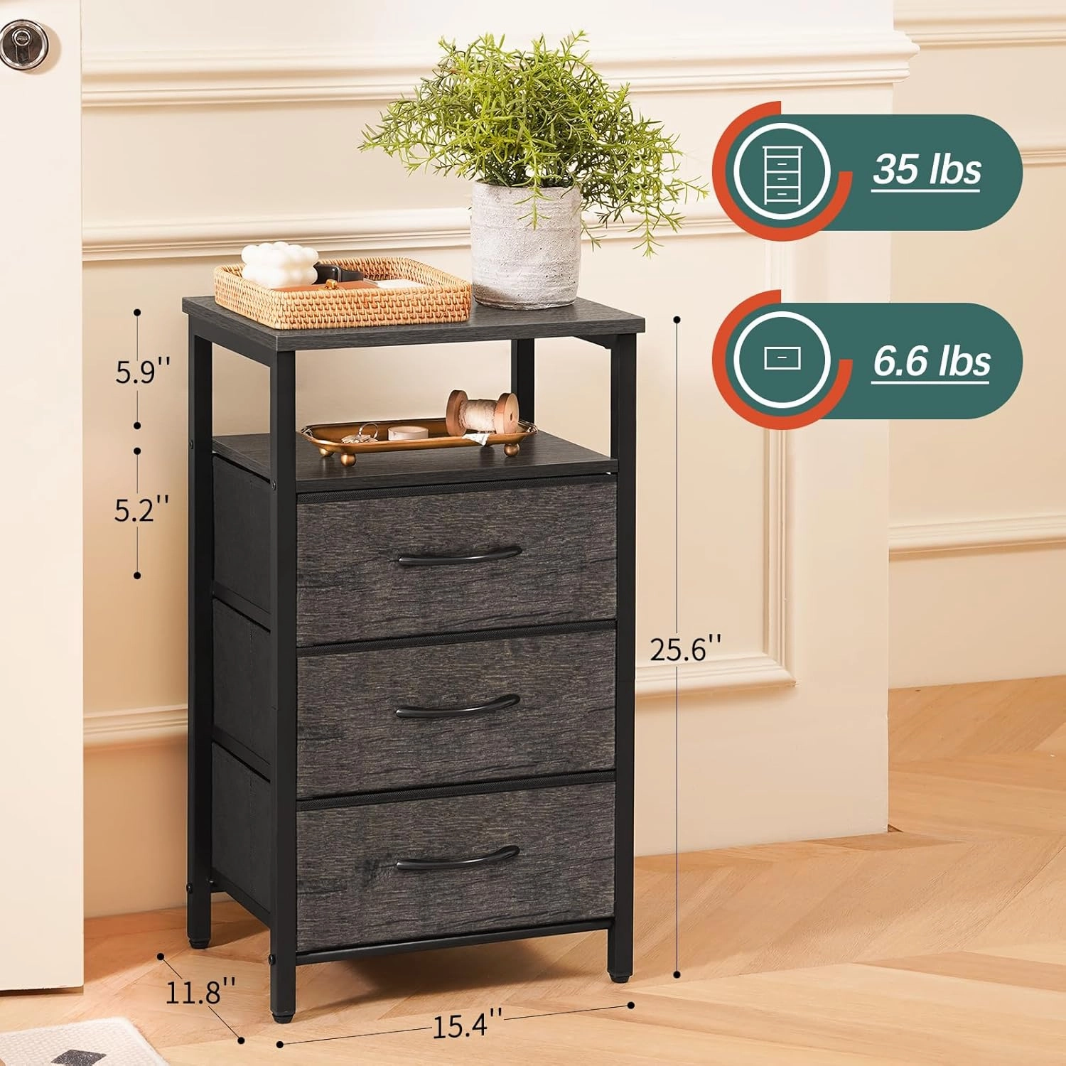Yoobure Night Stand with Charging Station, 20 Colors LED Nightstand with USB Ports and Outlets, End Table with 3 Fabric Drawers and Storage Shelf, Bedside Tables Small Dresser for Small Space, Gray