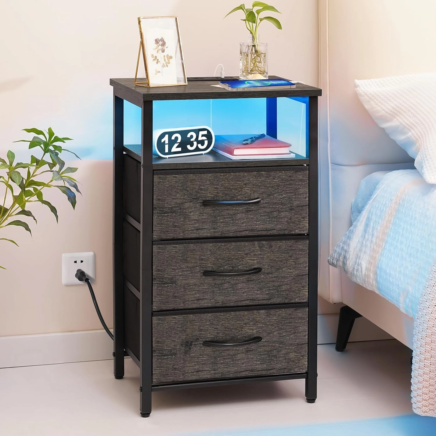 Yoobure Night Stand with Charging Station, 20 Colors LED Nightstand with USB Ports and Outlets, End Table with 3 Fabric Drawers and Storage Shelf, Bedside Tables Small Dresser for Small Space, Gray