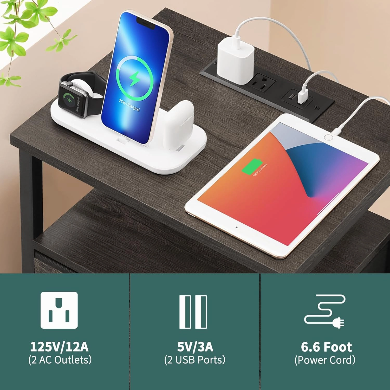 Yoobure Night Stand with Charging Station, 20 Colors LED Nightstand with USB Ports and Outlets, End Table with 3 Fabric Drawers and Storage Shelf, Bedside Tables Small Dresser for Small Space, Gray