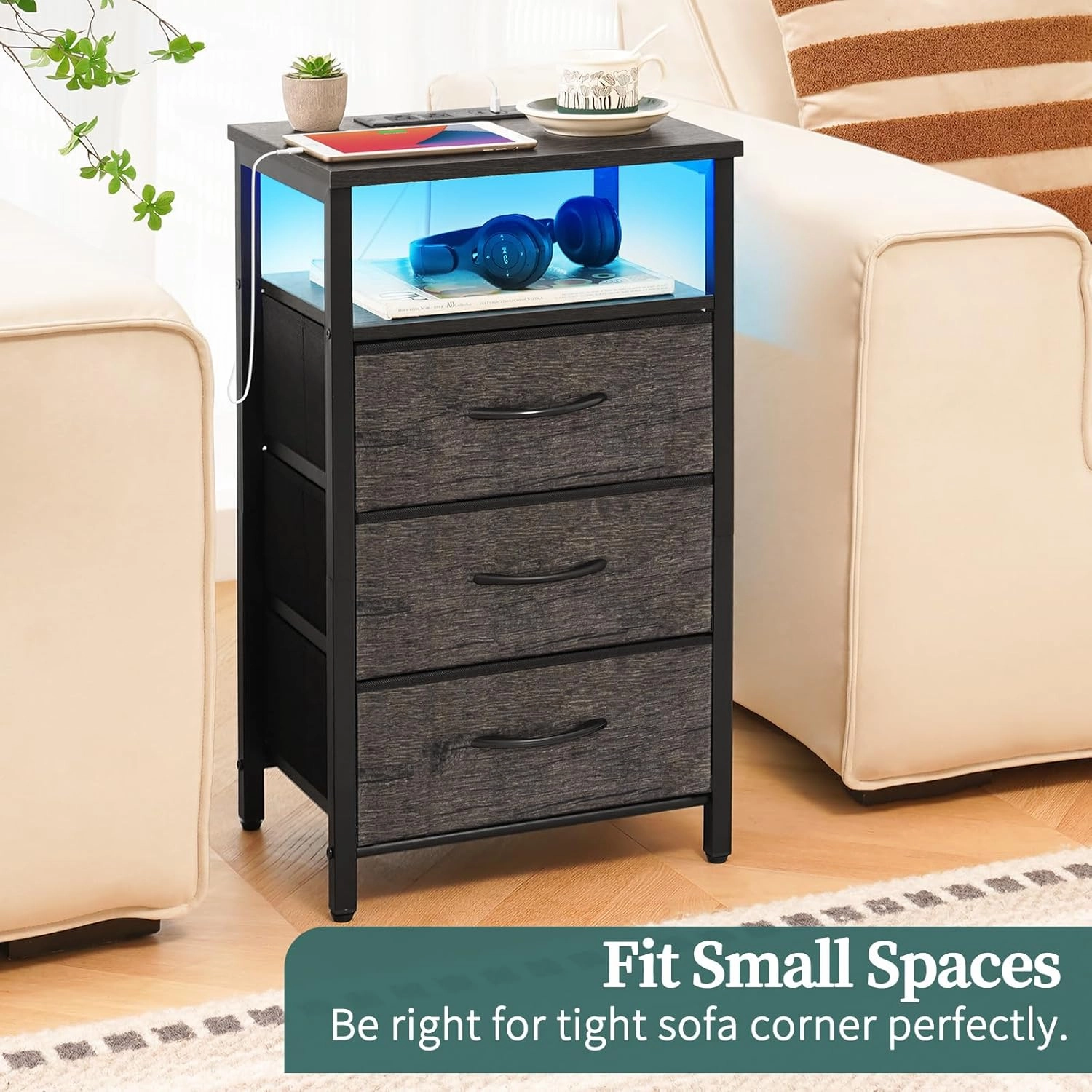 Yoobure Night Stand with Charging Station, 20 Colors LED Nightstand with USB Ports and Outlets, End Table with 3 Fabric Drawers and Storage Shelf, Bedside Tables Small Dresser for Small Space, Gray