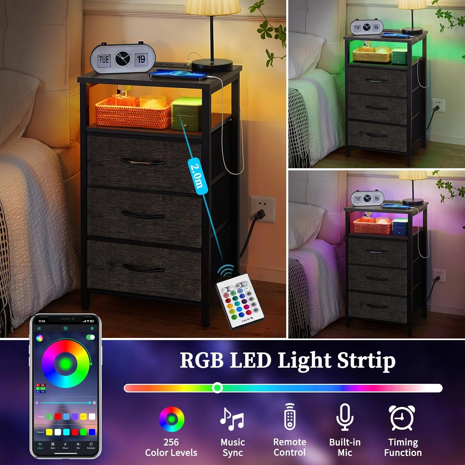 Yoobure Night Stand with Charging Station, 20 Colors LED Nightstand with USB Ports and Outlets, End Table with 3 Fabric Drawers and Storage Shelf, Bedside Tables Small Dresser for Small Space, Gray