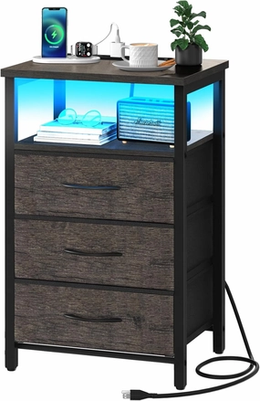 Yoobure Night Stand with Charging Station, 20 Colors LED Nightstand with USB Ports and Outlets, End Table with 3 Fabric Drawers and Storage Shelf, Bedside Tables Small Dresser for Small Space, Gray