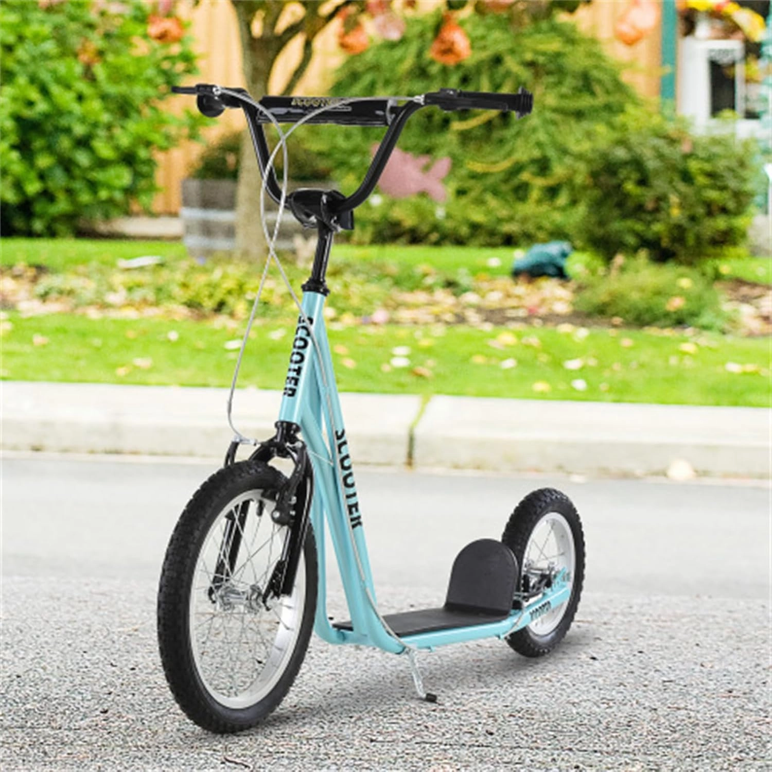 Youth Scooter Ride-On Toys Mobility Vehicle Toy Car Adjustable Handlebar, Front Wheel 16 Inch, Rear Wheel 12 Inch, Dual Brakes Inflatable Wheels, Suitable for Kids, Blue