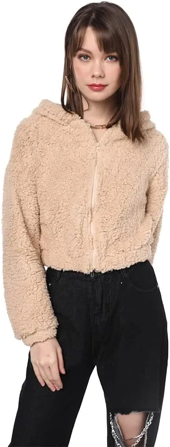 ZAFUL Women's Hooded Zip Up Faux Shearling Fluffy Teddy Jacket Coat