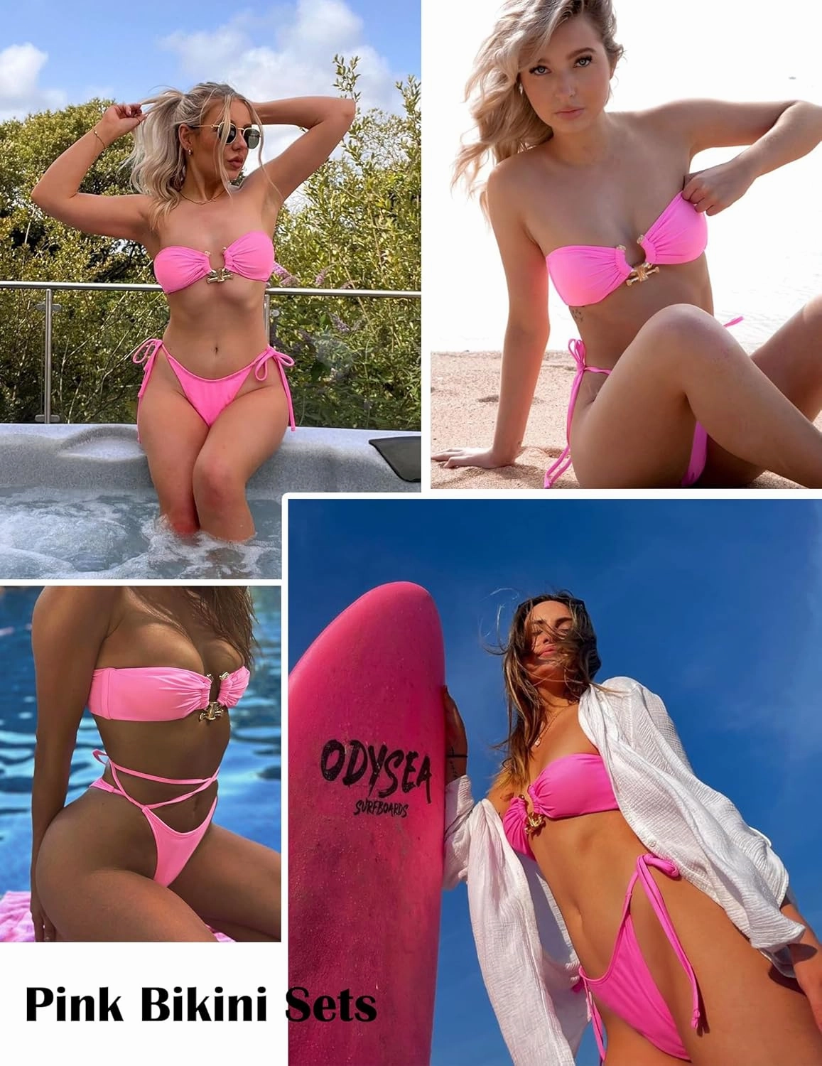 ZAFUL Metal Ring Bandeau Bikini Set Tie Side Bathing Suit High Cut 2 Piece Swimsuit Cutout Swimwear