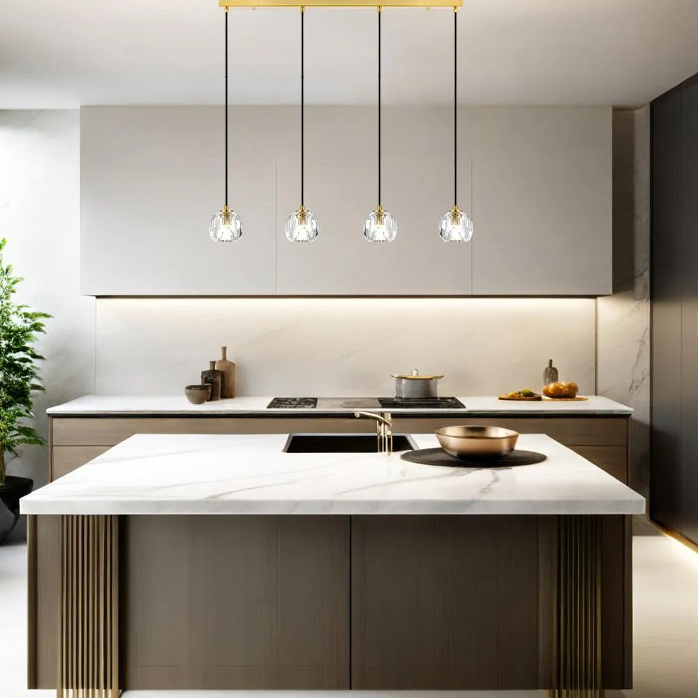 Zaha Bar LED Pendant Light 4Lt w/ Crystal Glass in Antique Gold or Chrome