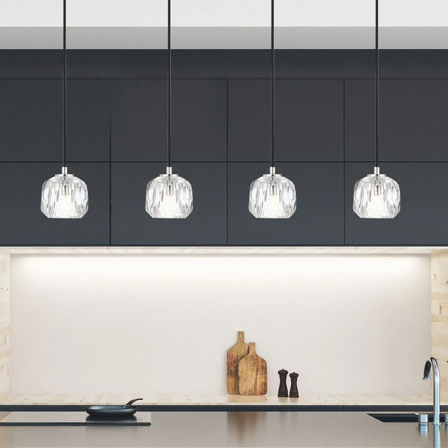 Zaha Bar LED Pendant Light 4Lt w/ Crystal Glass in Antique Gold or Chrome