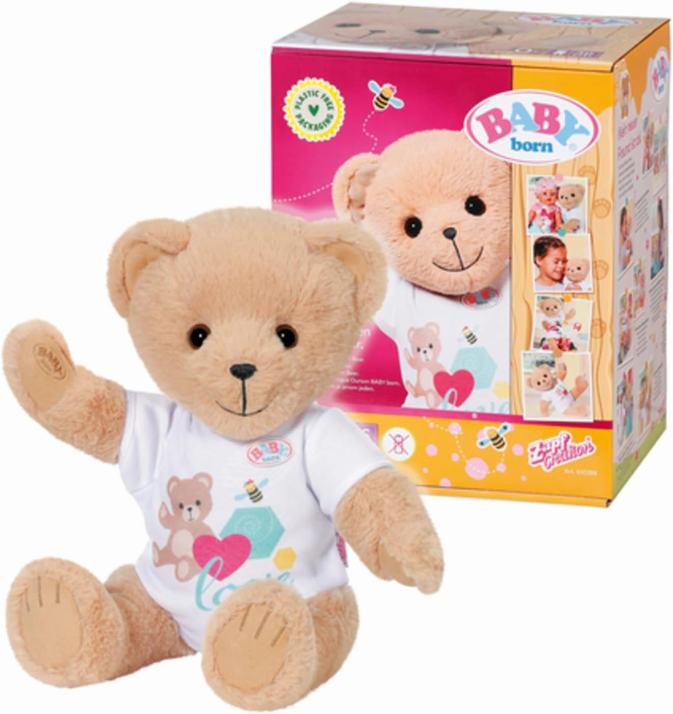 Zapf Creation 835388 BABY Born teddy bear with white sleeper - cuddle, moving arms and legs, rotating head, hand wash, with friendship book and sticker sheet.