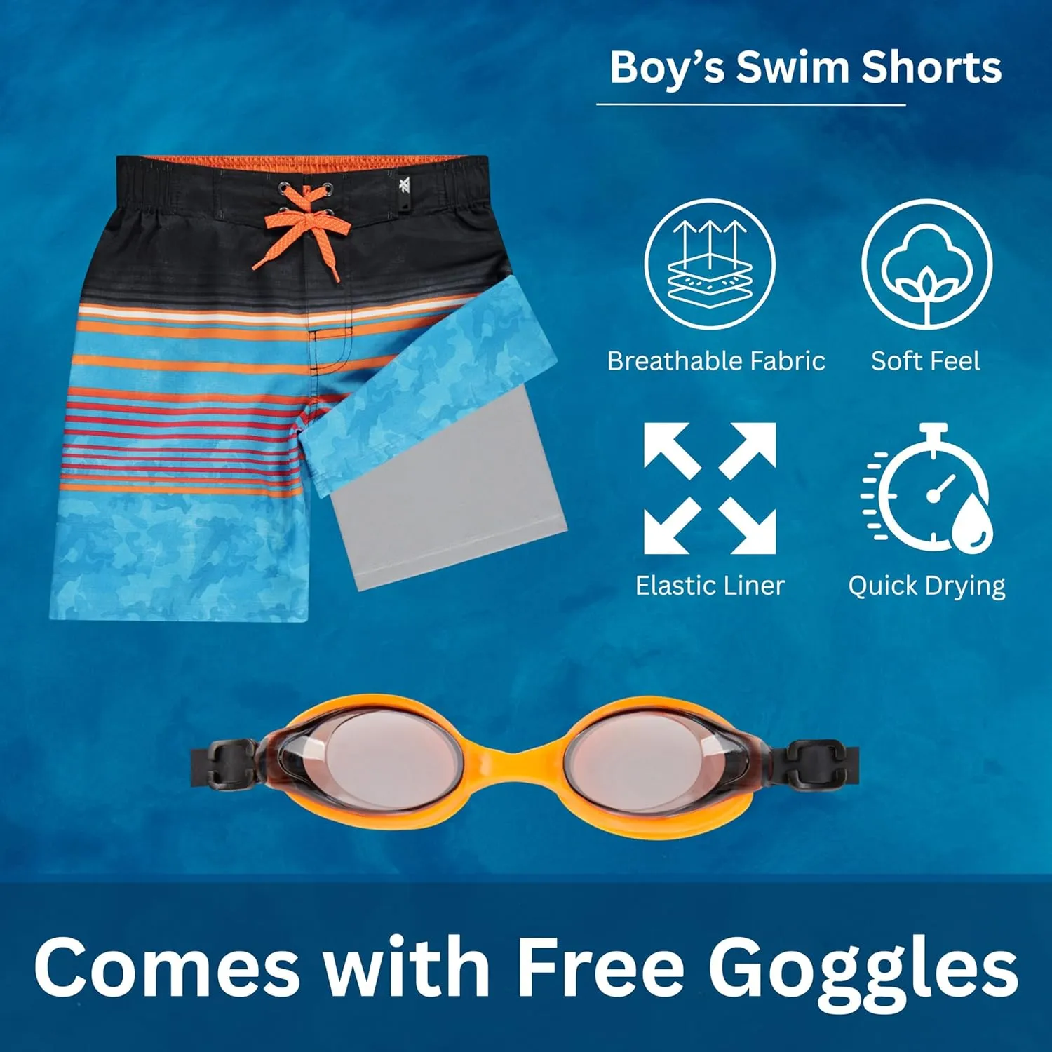 ZeroXposur Boys Swim Trunks with Compression Liner and Goggles, Quick Dry Swim Shorts