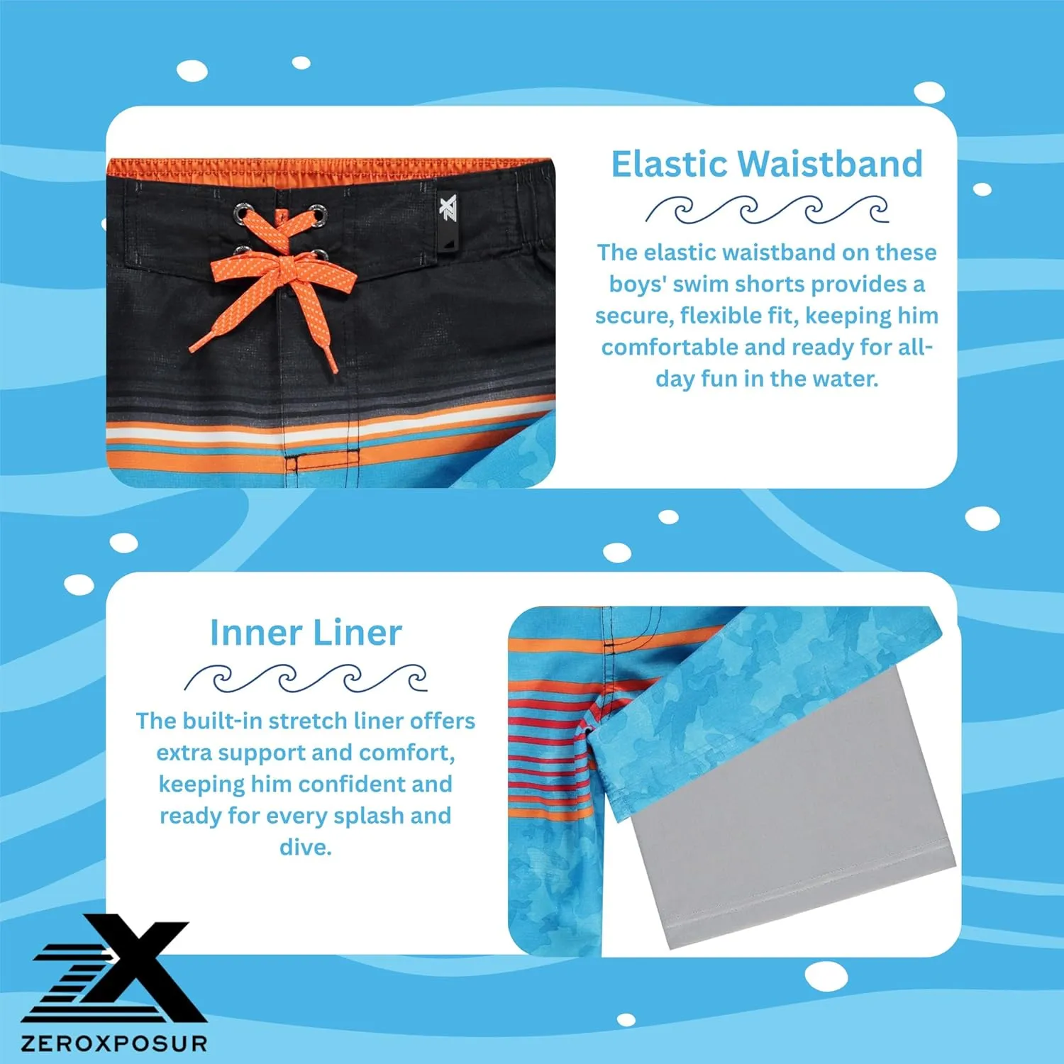 ZeroXposur Boys Swim Trunks with Compression Liner and Goggles, Quick Dry Swim Shorts