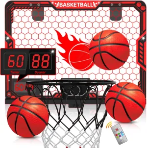 ZIZZ Indoor Basketball Hoop for Kids: Over The Door Basketball Hoop with LED Light & Scoreboard Mini Basketball Hoops with 3 Balls Christmas Birthday Toys Gifts for 5 6 7 8 9 10 11 Year Old Boys Girls