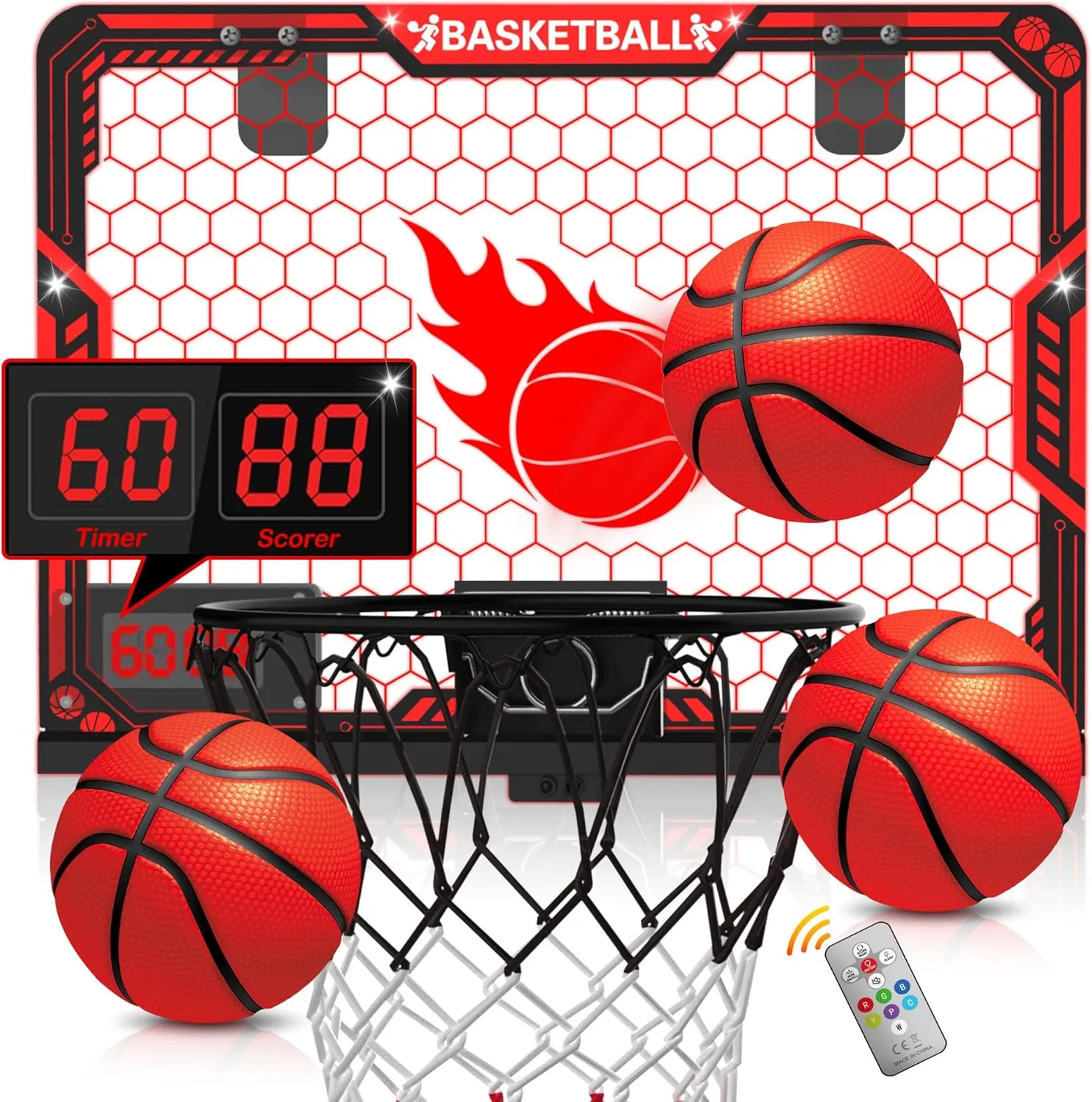 ZIZZ Indoor Basketball Hoop for Kids: Over The Door Basketball Hoop with LED Light & Scoreboard Mini Basketball Hoops with 3 Balls Christmas Birthday Toys Gifts for 5 6 7 8 9 10 11 Year Old Boys Girls